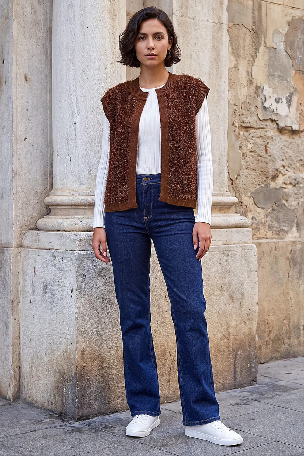 Roman Chocolate Fluffy Shimmer Knit Waistcoat - L Image 2