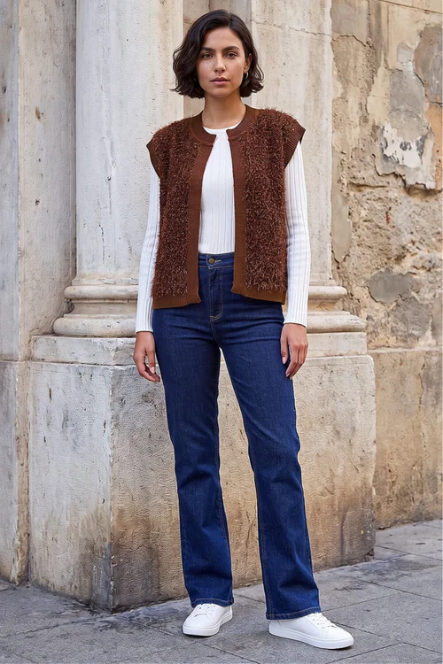 Roman Chocolate Fluffy Shimmer Knit Waistcoat - L Image 2