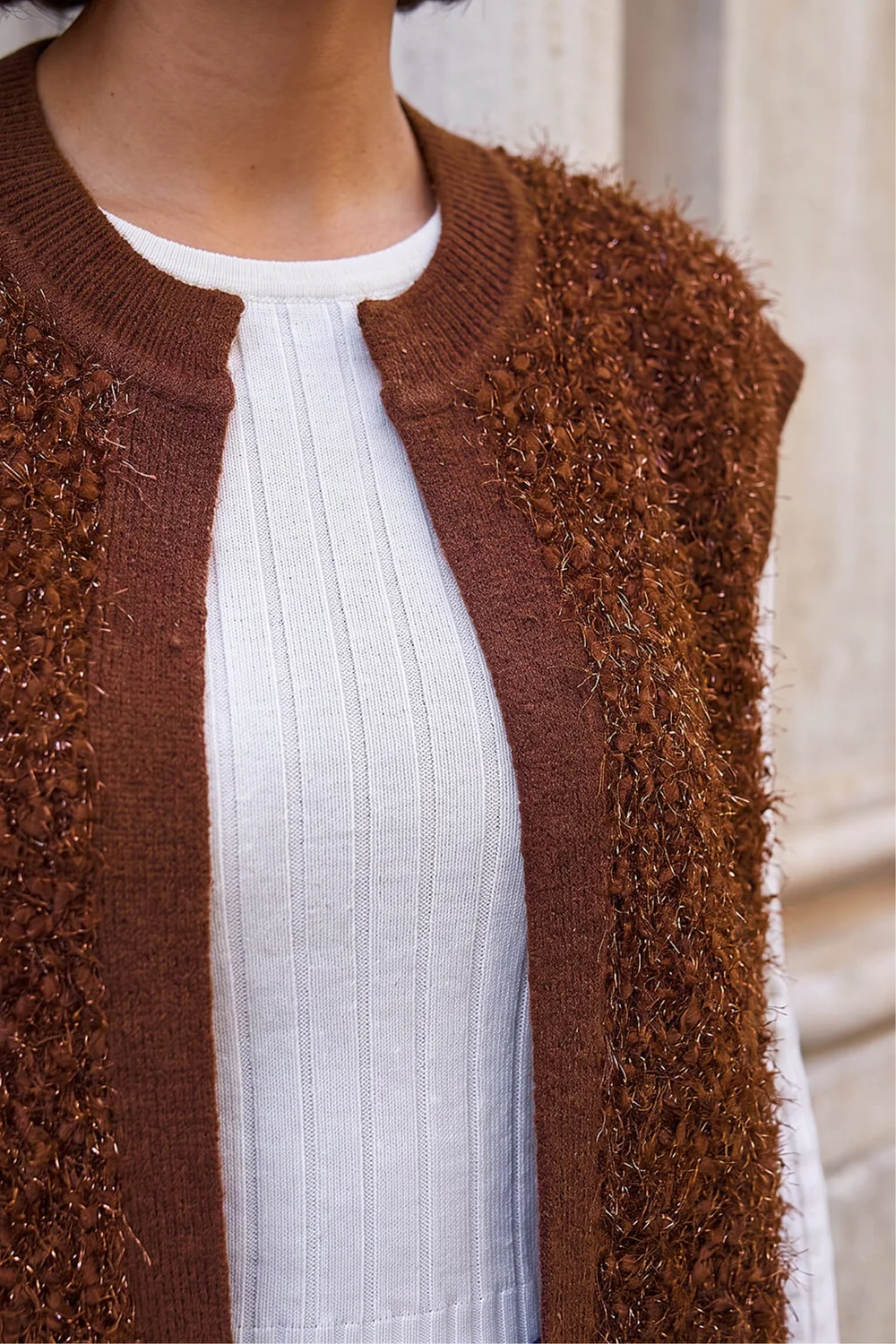 Roman Chocolate Fluffy Shimmer Knit Waistcoat - L Image 4