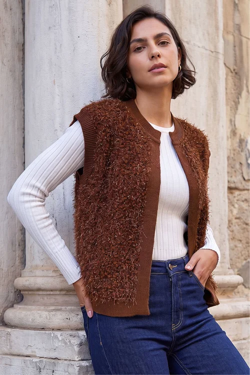 Roman Chocolate Fluffy Shimmer Knit Waistcoat - L Image 1