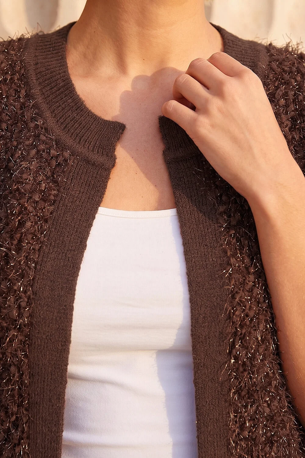 Roman Chocolate Fluffy Shimmer Knit Waistcoat - L Image 4