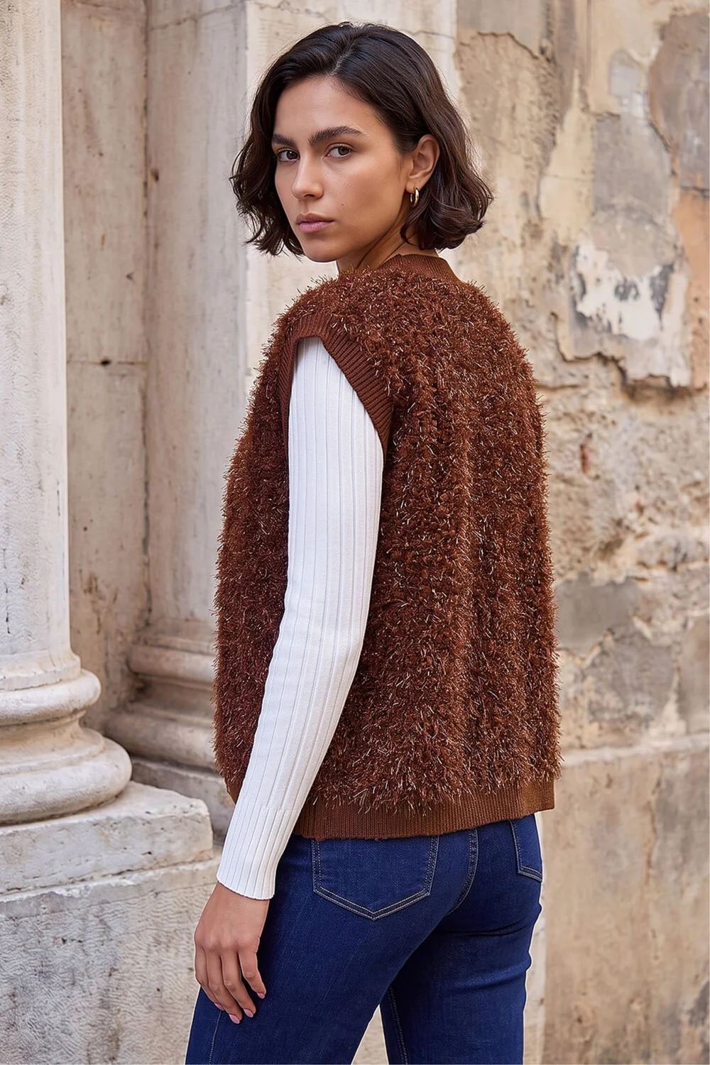 Roman Chocolate Fluffy Shimmer Knit Waistcoat - L Image 3