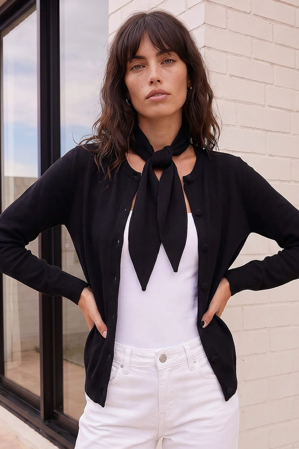 Roman Black Tie Neck Soft Knit Cardigan - 12 Image 2