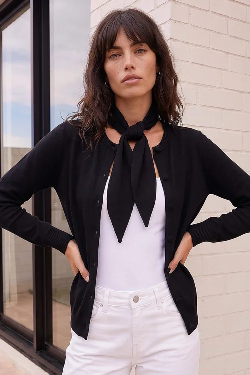Roman Black Tie Neck Soft Knit Cardigan - 12 Image 2