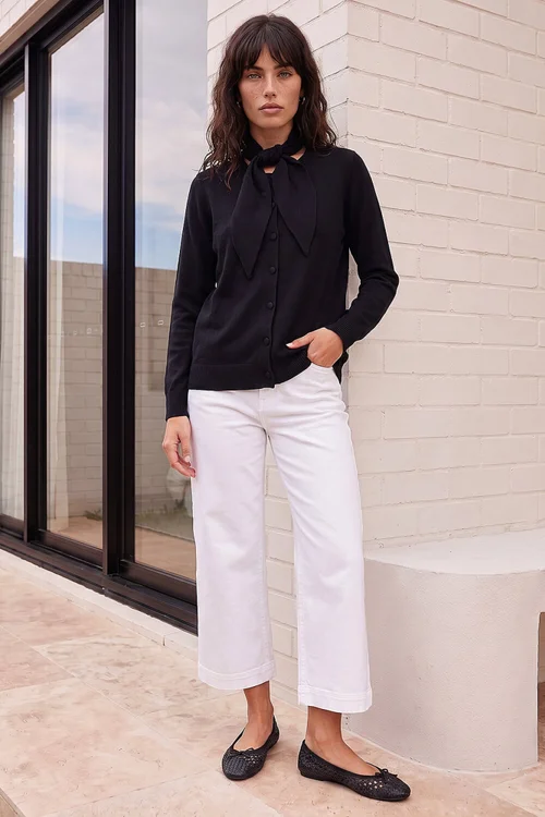 Roman Black Tie Neck Soft Knit Cardigan - 12 Image 3