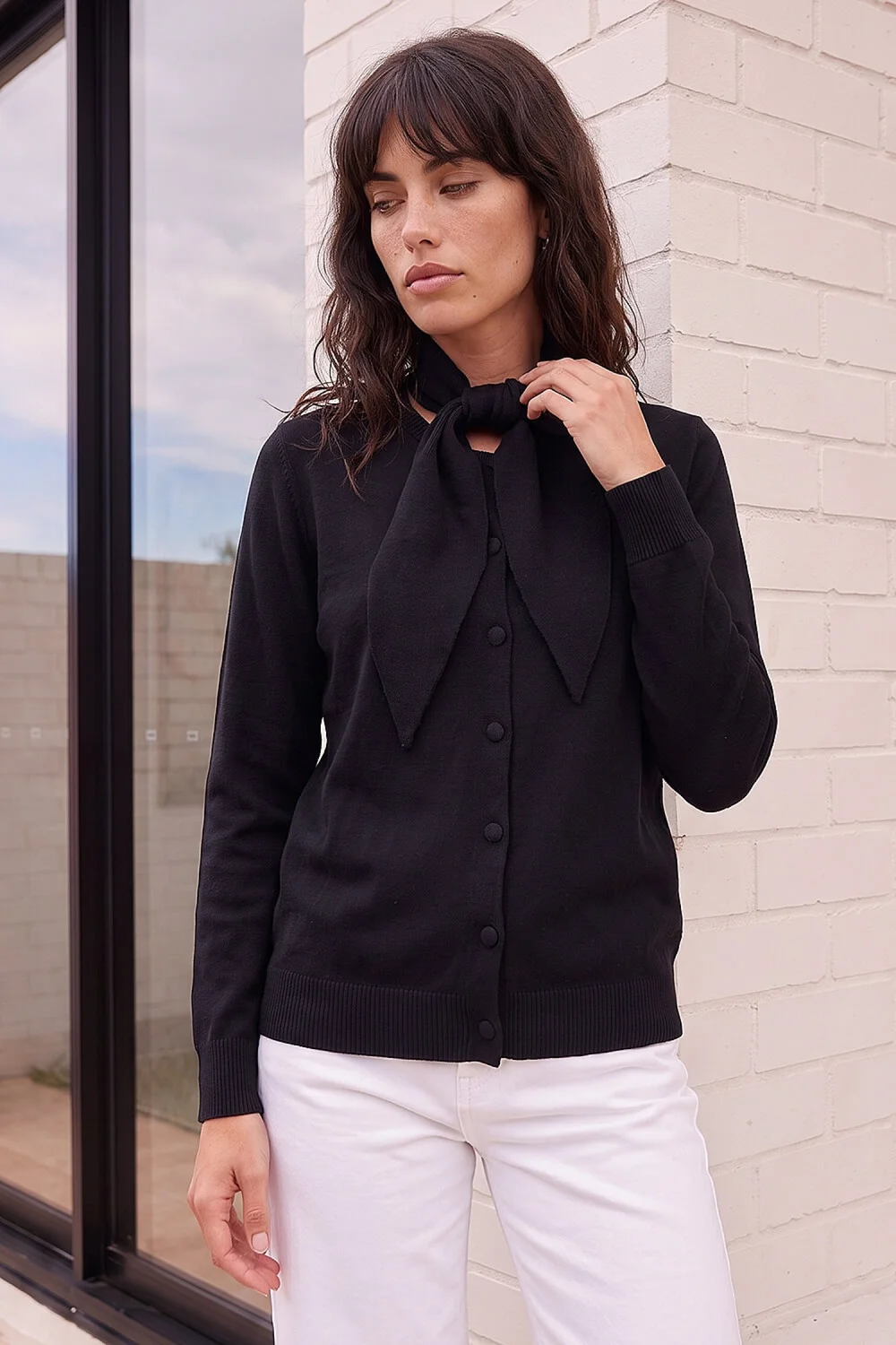 Roman Black Tie Neck Soft Knit Cardigan - 12 Image 1
