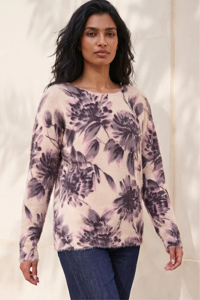 Roman Light Pink Floral Print Fluffy Knit Jumper