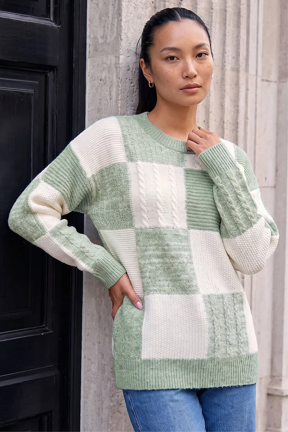 Roman Mint Patchwork Cable Knit Jumper - 20 Image 1