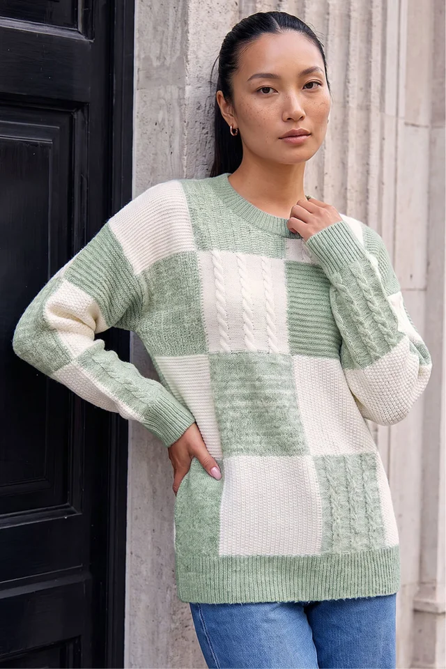 Roman Mint Patchwork Cable Knit Jumper