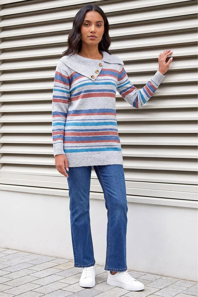 Roman Grey Cowl Neck Stripe Jumper