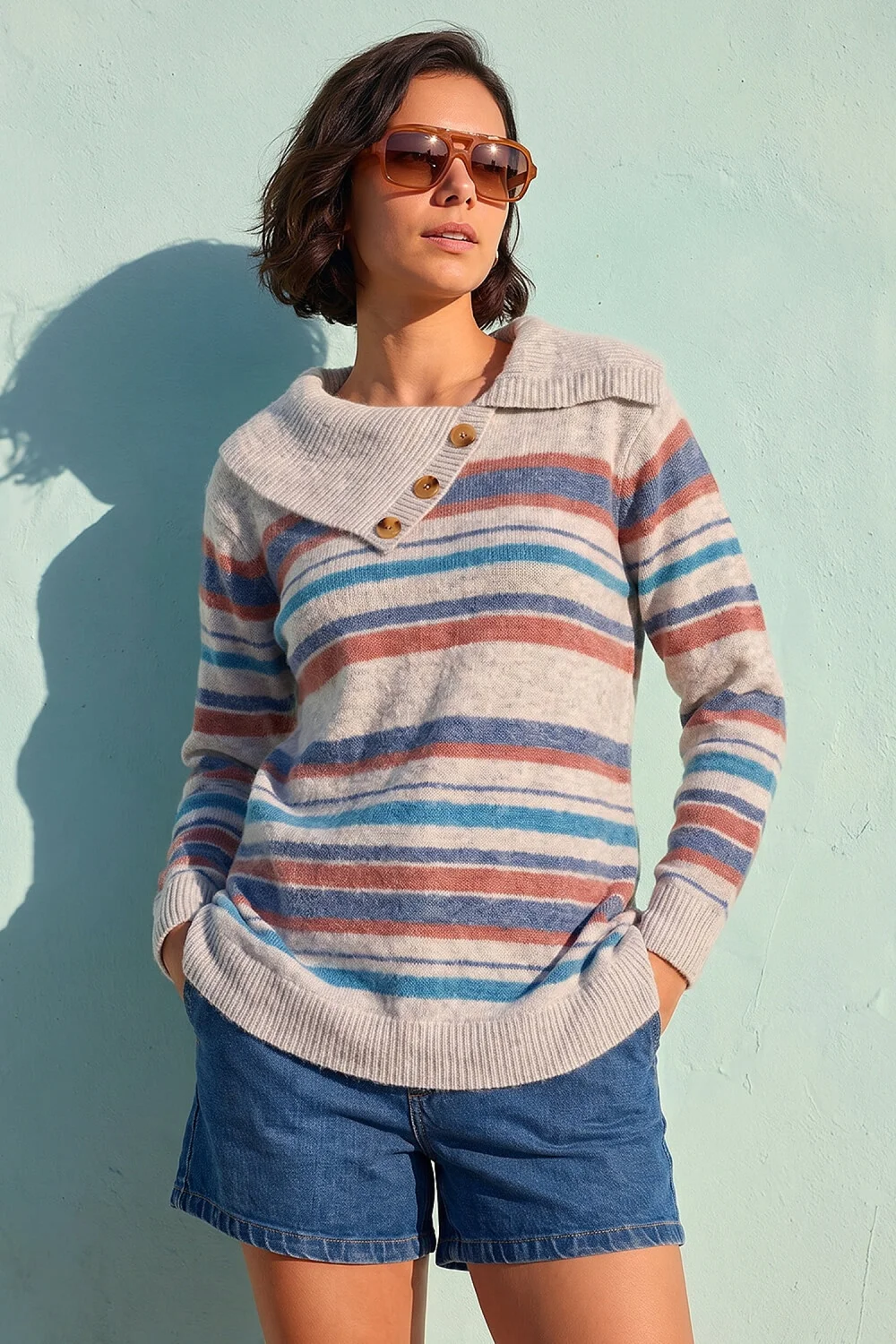 Roman Grey Cowl Neck Stripe Jumper - 16 Image 1