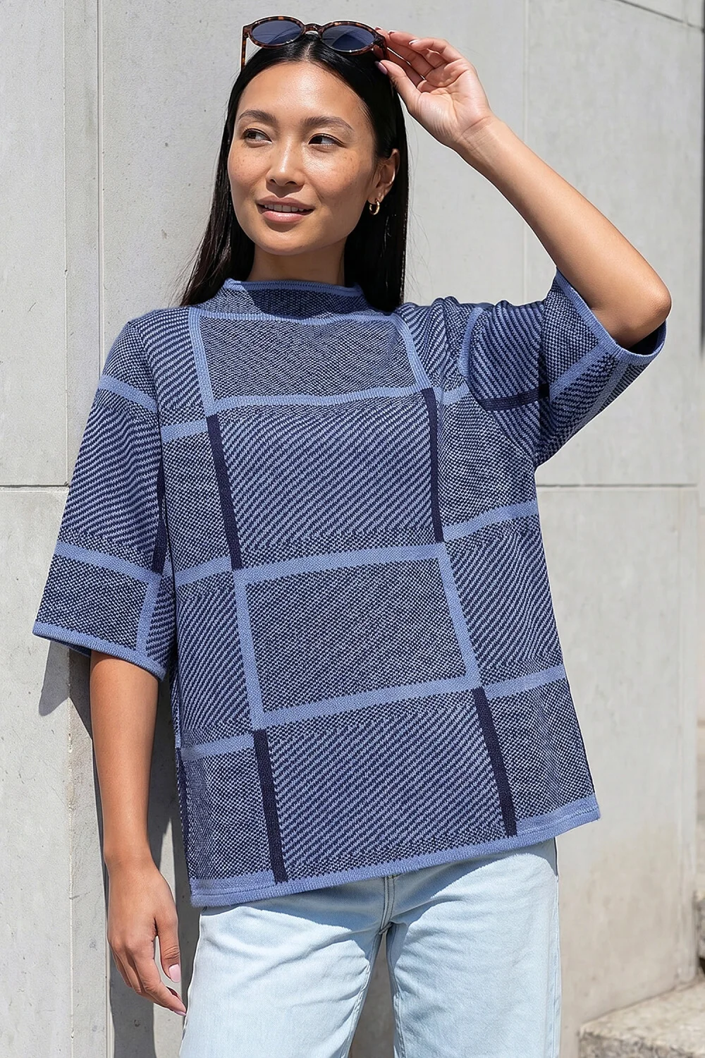 Roman Navy Check Short Sleeve Jumper - 18 Image 1