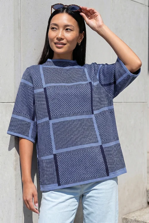 Roman Navy Check Short Sleeve Jumper - 18 Image 1