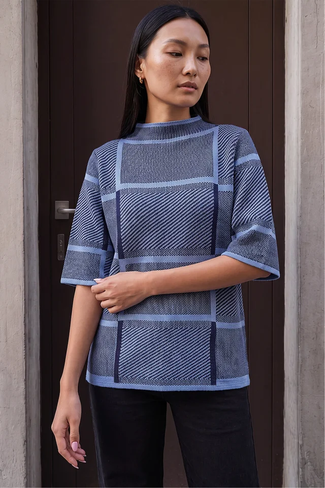 Roman Navy Check Short Sleeve Jumper