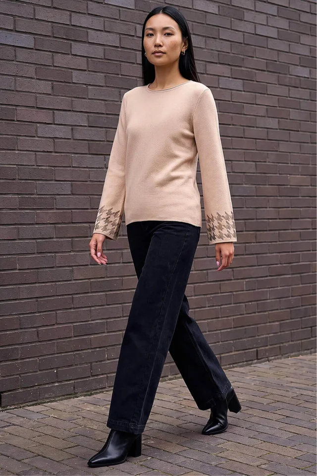 Roman Beige Hotfix Sparkle Sleeve Knit Jumper