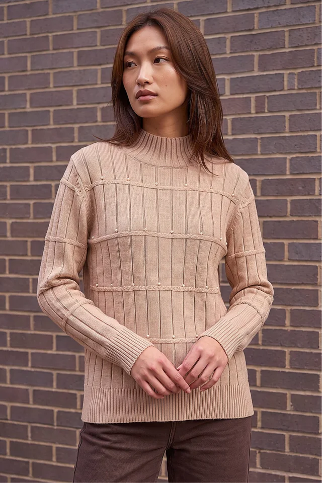 Roman Beige Beaded Ribbed Knit Jumper