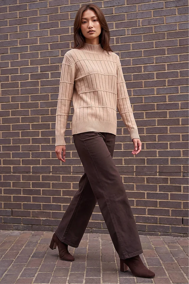 Roman Beige Beaded Ribbed Knit Jumper