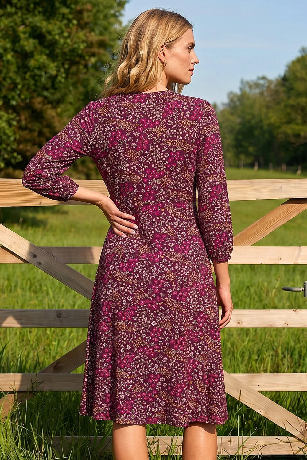 Roman Wine Square Neck Ditsy Dress - 16 Image 3