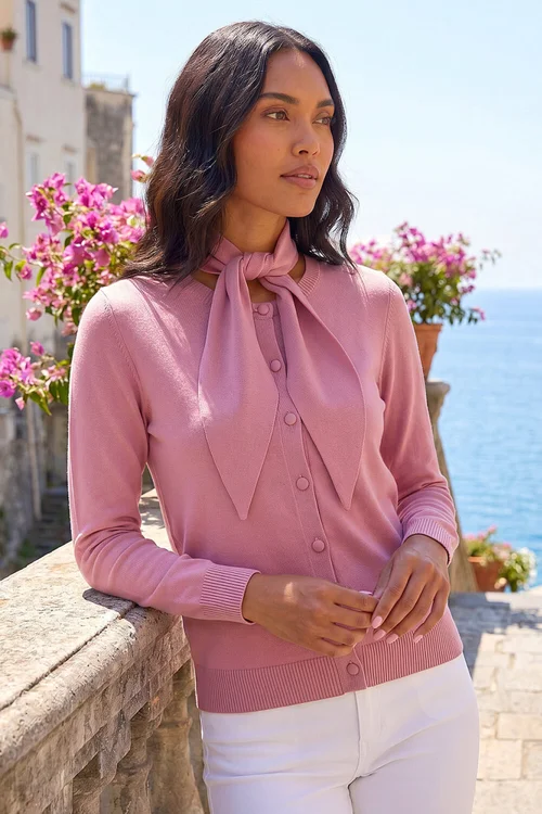 Roman Pink Tie Neck Soft Knit Cardigan - 18 Image 1