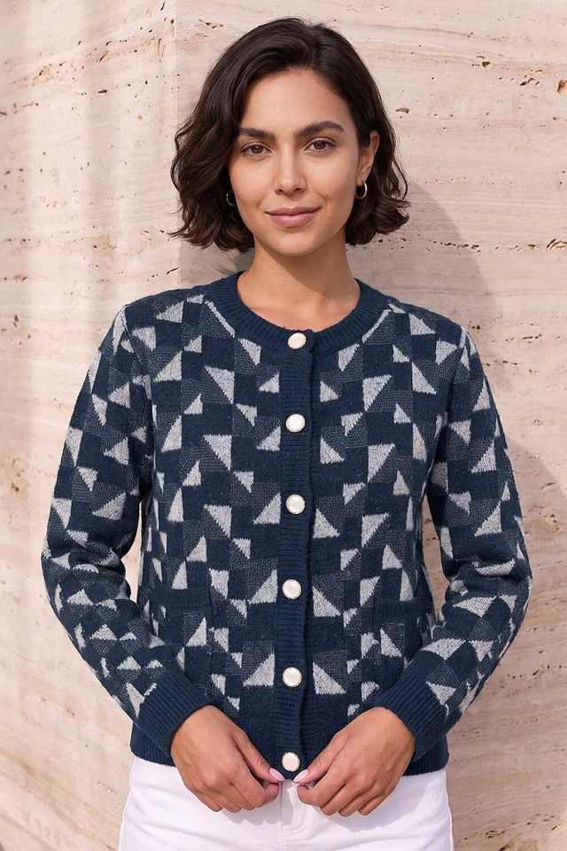 Roman Navy Abstract Pattern Knit Cardigan