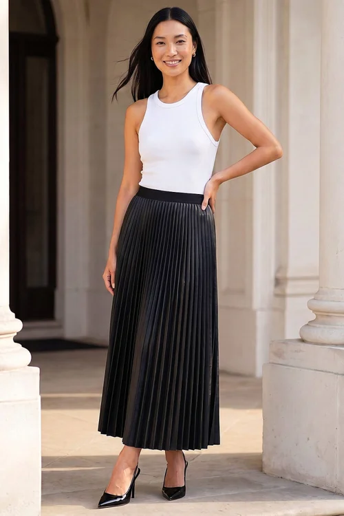 Roman Black Faux Leather Pleated Skirt - 14 Image 2