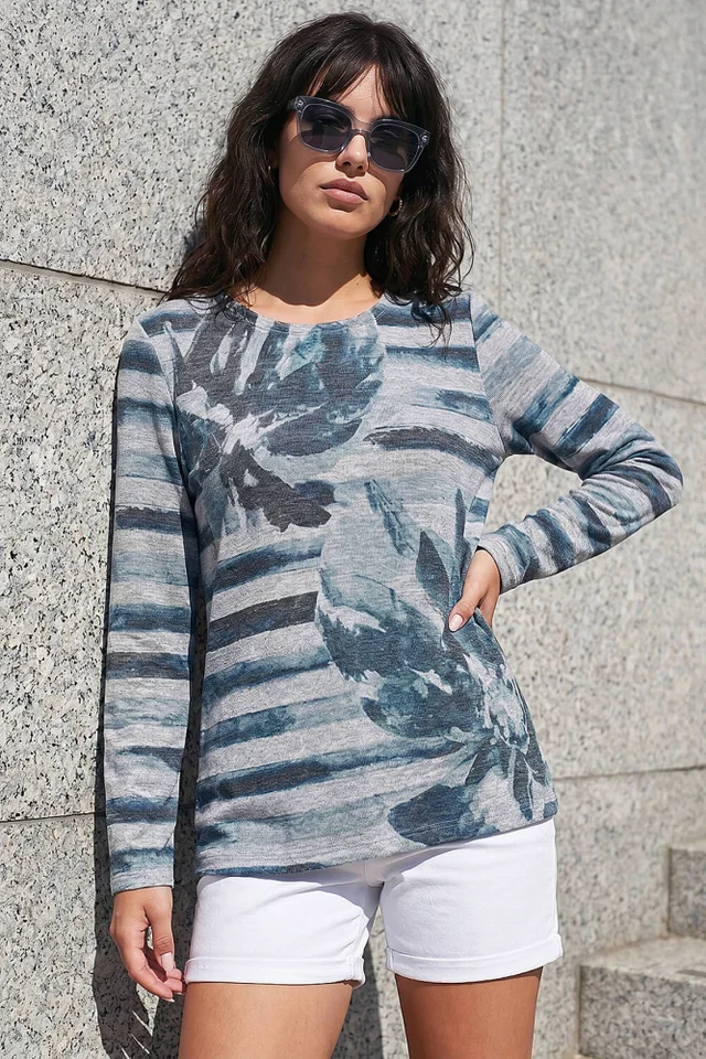 Roman Blue Floral Stripe Print Top