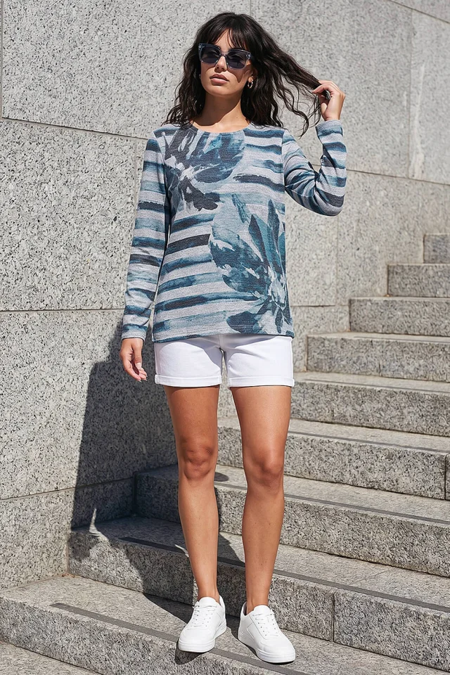 Roman Blue Floral Stripe Print Top
