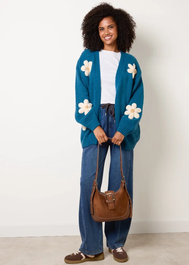 Blue Vanilla Turquoise Daisy Large Flower Cardigan