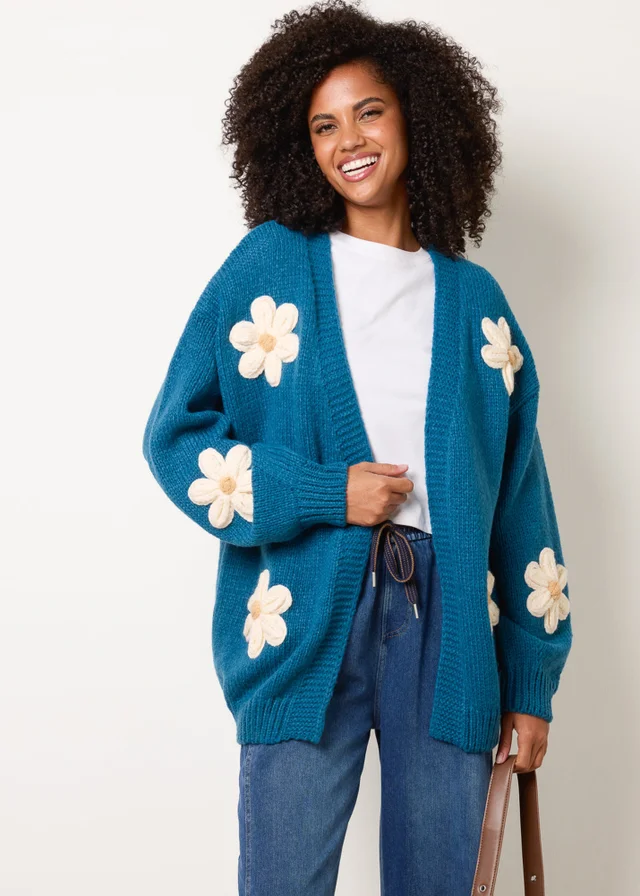 Blue Vanilla Turquoise Daisy Large Flower Cardigan
