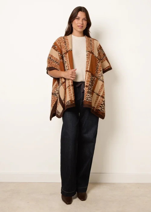 Blue Vanilla Brown Geometric Patchwork Poncho - One Size Image 3