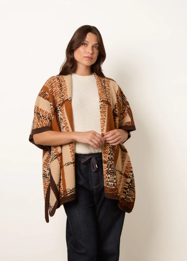 Blue Vanilla Brown Geometric Patchwork Poncho
