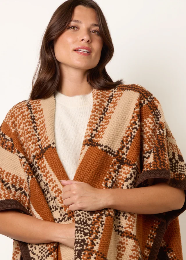 Blue Vanilla Brown Geometric Patchwork Poncho