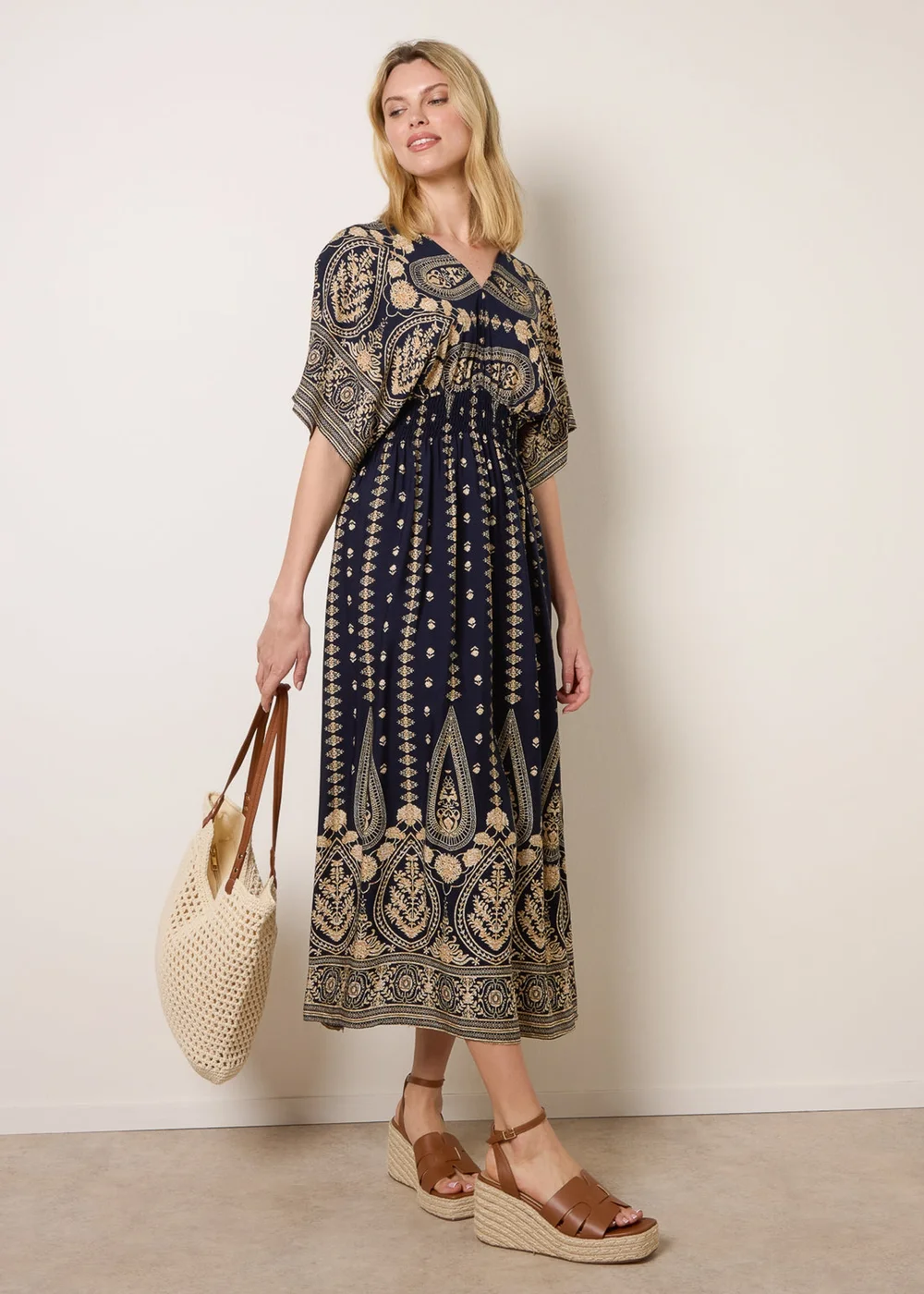Blue Vanilla Navy Floral Border Design Dress - S Image 1