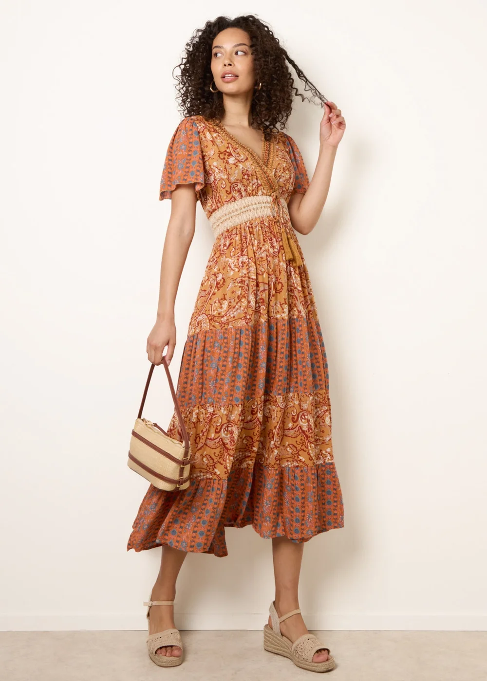 Blue Vanilla Brown Mix Print Beaded Wrap Dress - M Image 1