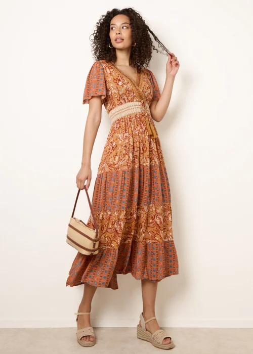 Blue Vanilla Brown Mix Print Beaded Wrap Dress - M Image 1
