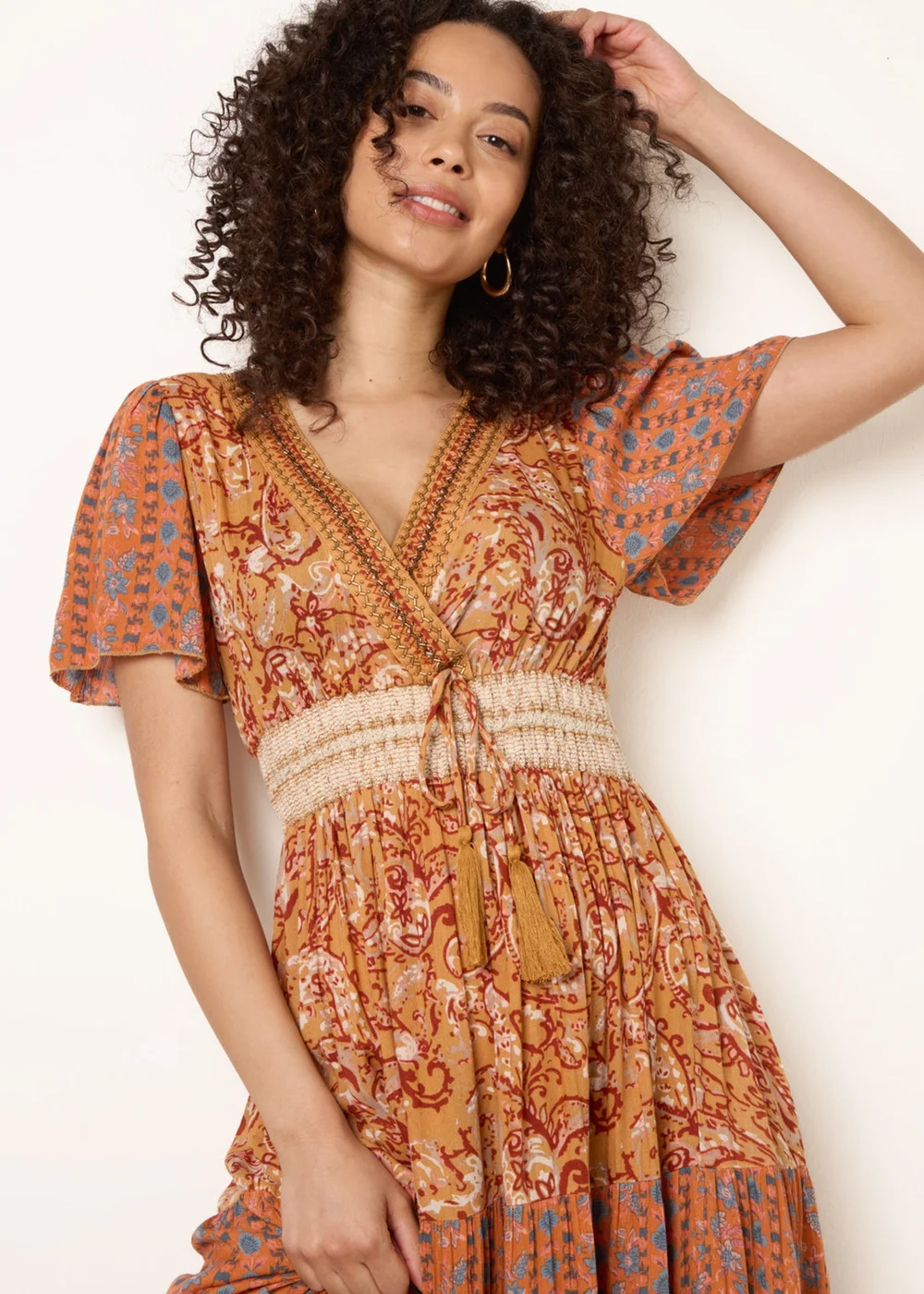 Blue Vanilla Brown Mix Print Beaded Wrap Dress - M Image 2