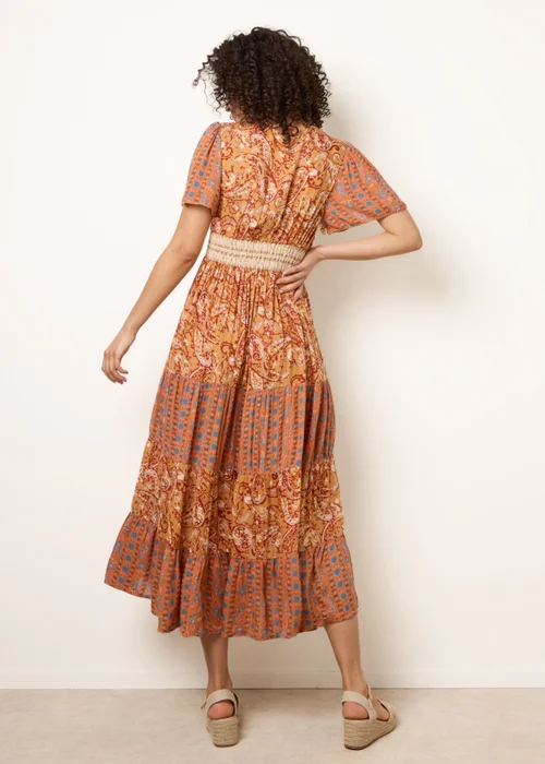 Blue Vanilla Brown Mix Print Beaded Wrap Dress - M Image 4