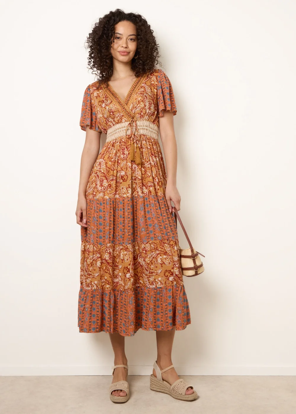 Blue Vanilla Brown Mix Print Beaded Wrap Dress - M Image 3