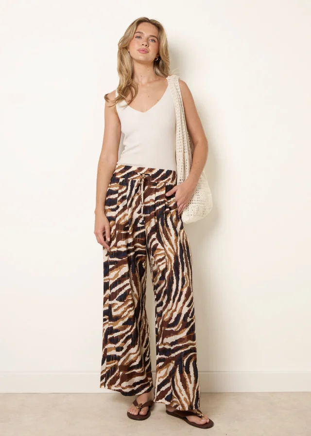 Blue Vanilla Brown Tiger Print Drawstring Wide Leg Trousers