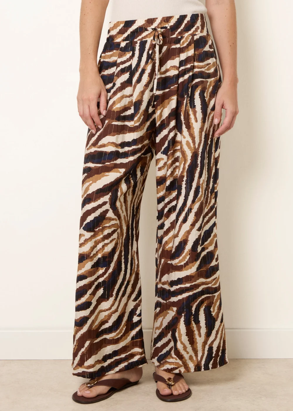 Blue Vanilla Brown Tiger Print Drawstring Wide Leg Trousers - S Image 2