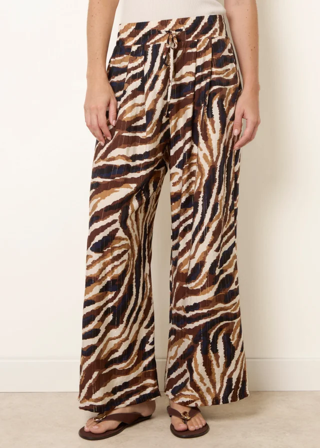 Blue Vanilla Brown Tiger Print Drawstring Wide Leg Trousers