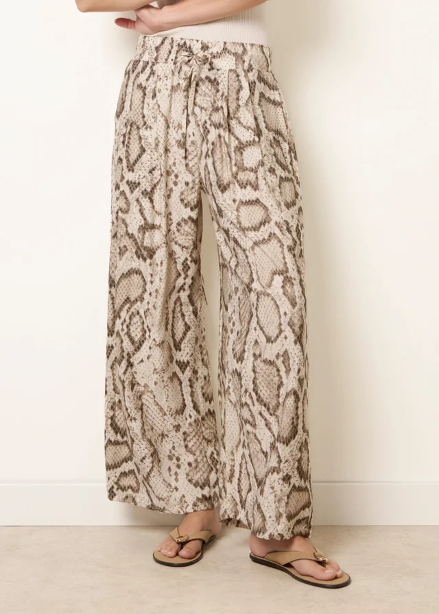 Blue Vanilla Beige Snake Print Drawstring Wide Leg Trousers