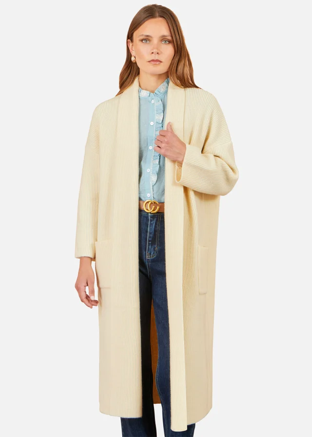 Yumi Ivory Knitted Maxi Cardigan With Pockets