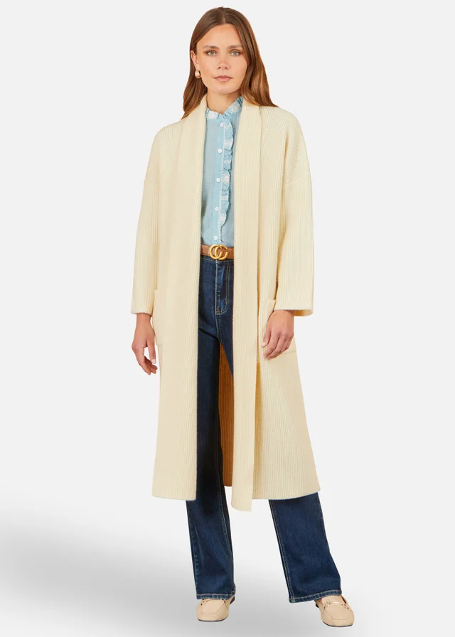 Yumi Ivory Knitted Maxi Cardigan With Pockets