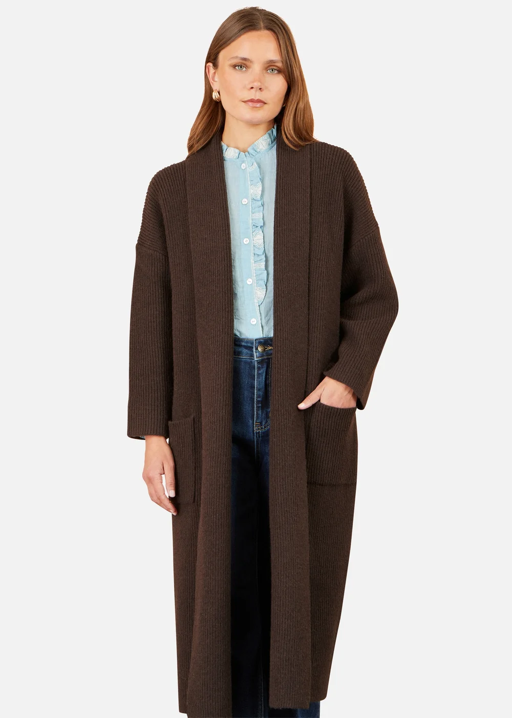 Yumi Brown Knitted Maxi Cardigan With Pockets - L Image 3