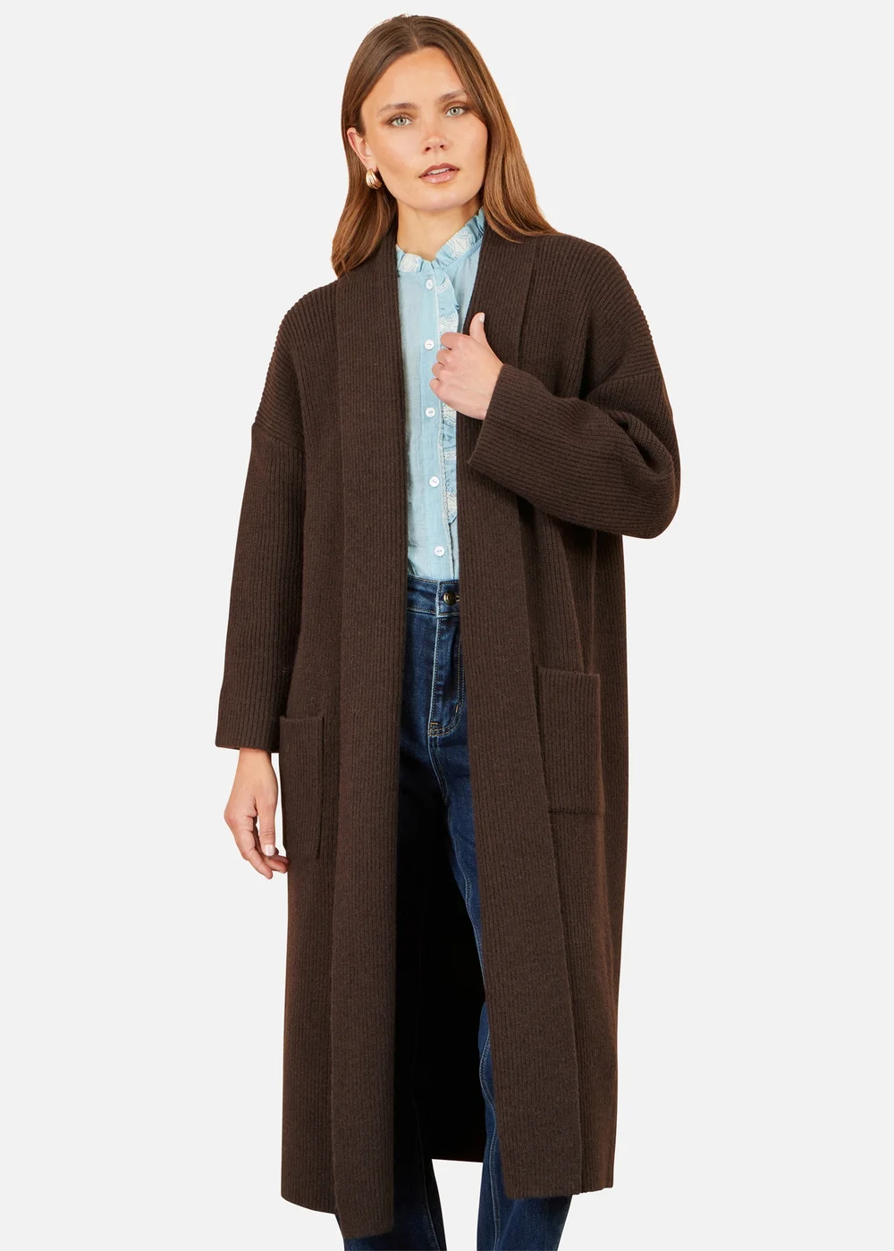 Yumi Brown Knitted Maxi Cardigan With Pockets - L Image 1