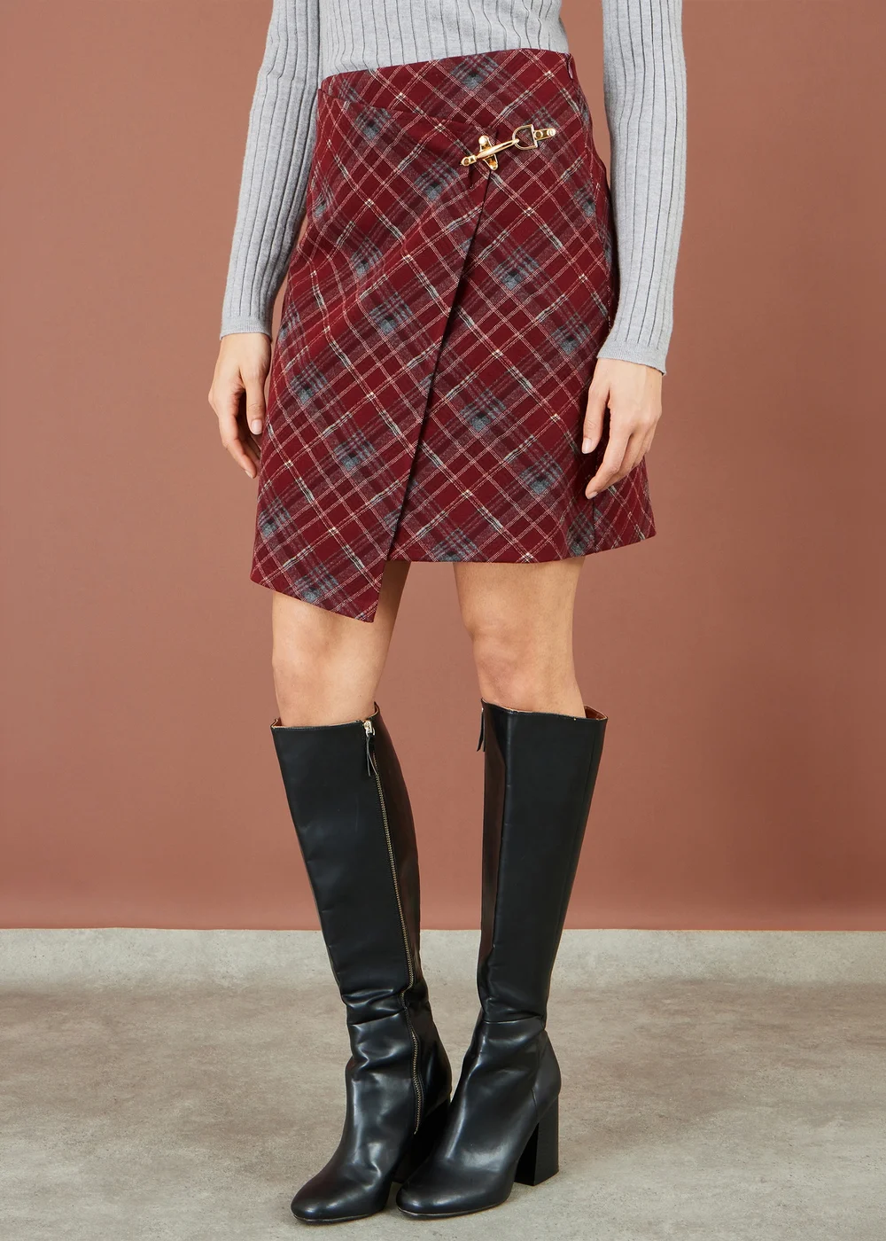 Yumi Burgundy Check Wrap Mini Skirt - 14 Image 1