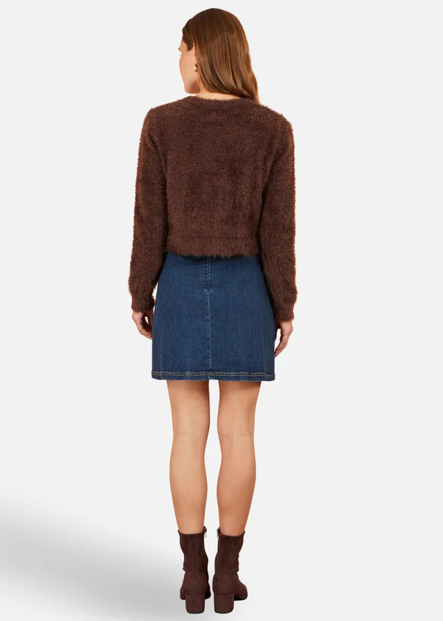 Yumi Brown Eyelash Knit Cropped Cardigan