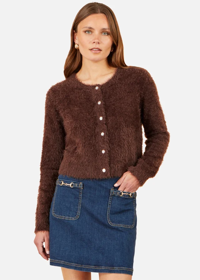 Yumi Brown Eyelash Knit Cropped Cardigan