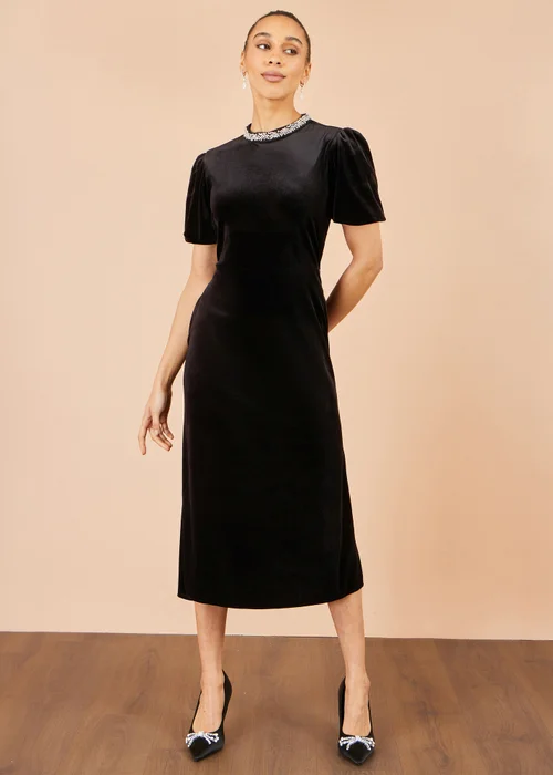 Yumi Black Velvet Embellised Neckline Midi Dress - 14 Image 2